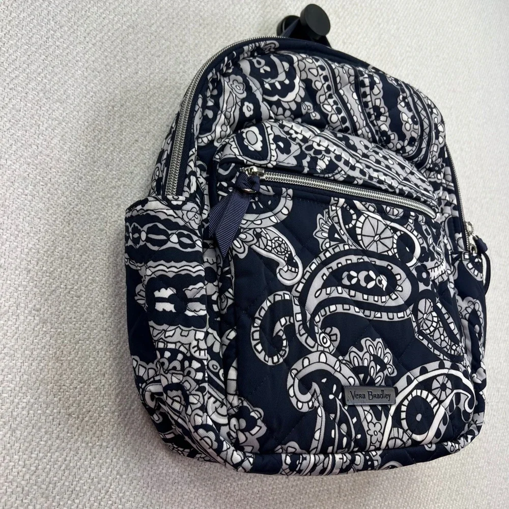 Vera Bradley Iconic Small Backpack Deep Night Paisley Quilted Cotton Navy Travel